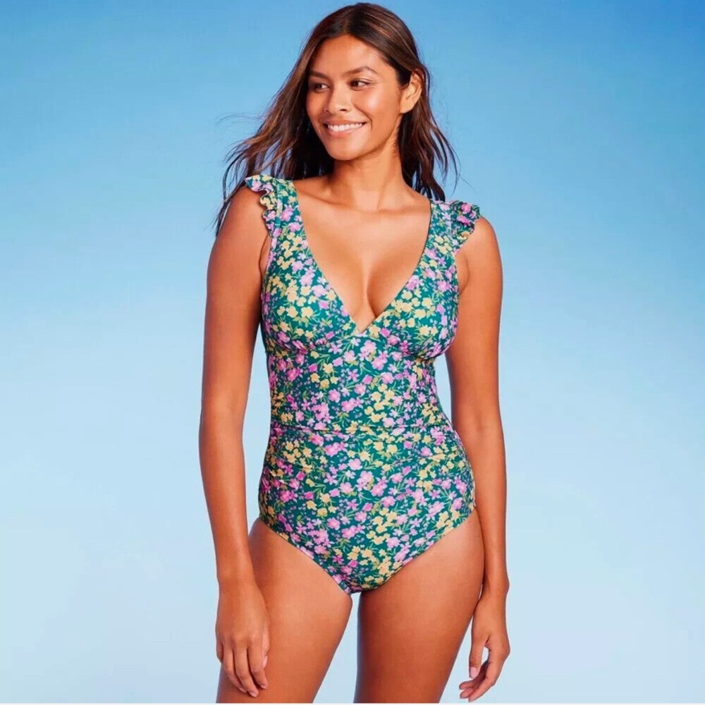 ‘ Kona Sol ’ Green Multi Colored Ruffle Swimsuit size s
